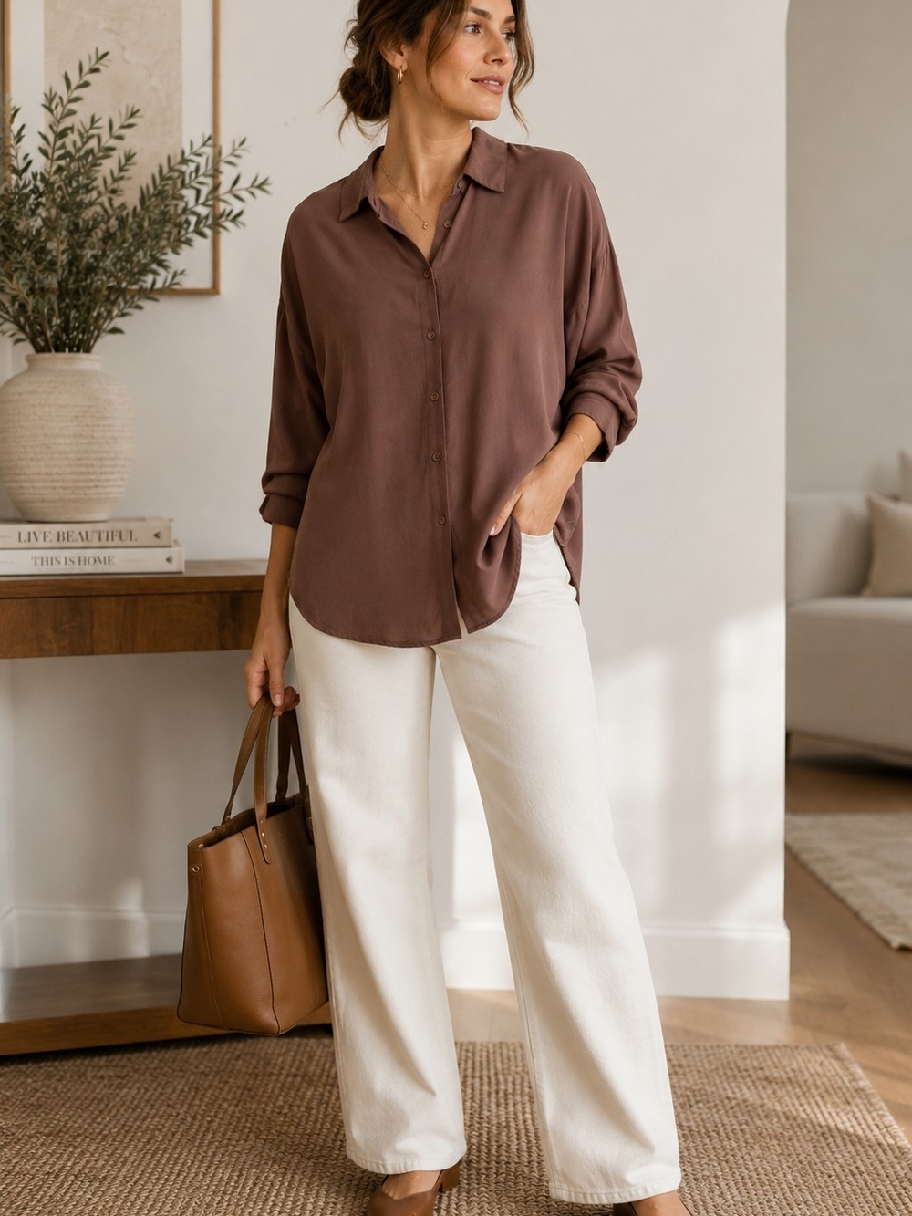 Ambiance Brown Button-Up Blouse L/M – 100% Rayon – Long Sleeve